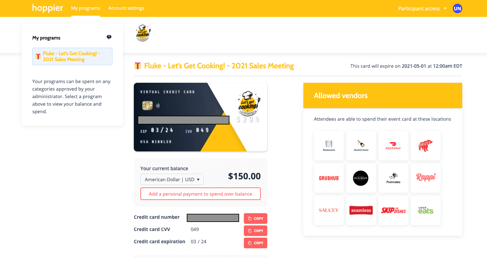The participant's view of their Hoppier virtual credit card