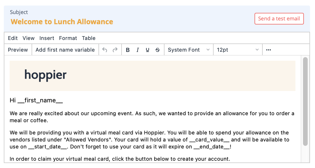 The Hoppier email template to send virtual credit cards to guests
