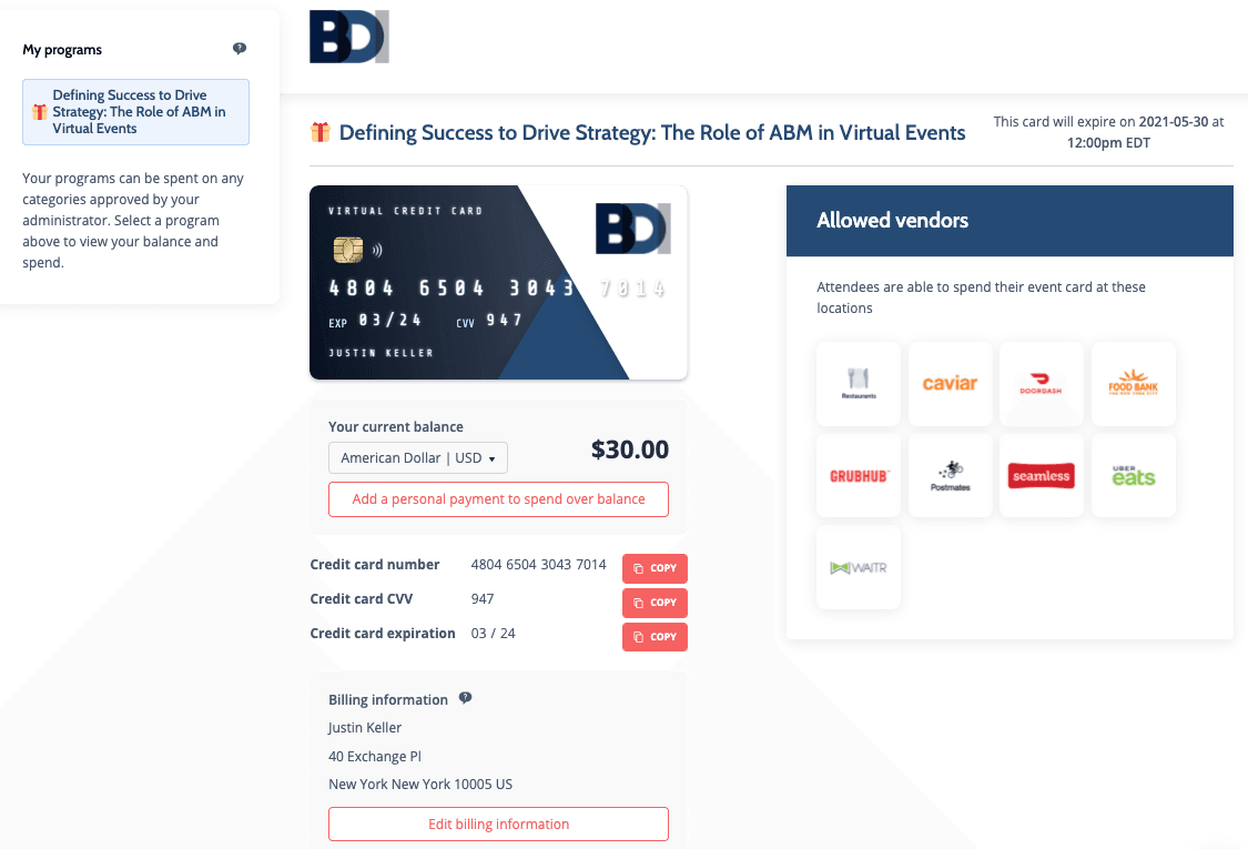 The participant's view of their Hoppier virtual credit card