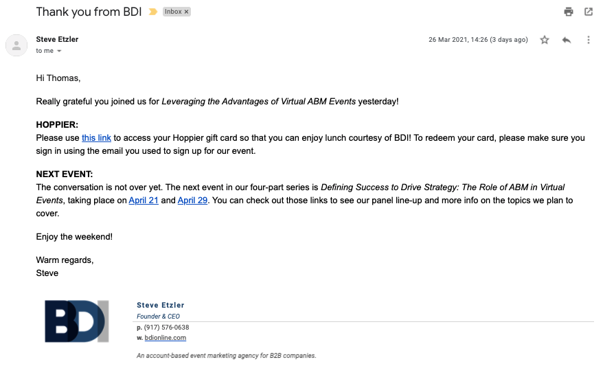 A thank-you note from BDI to Hoppier