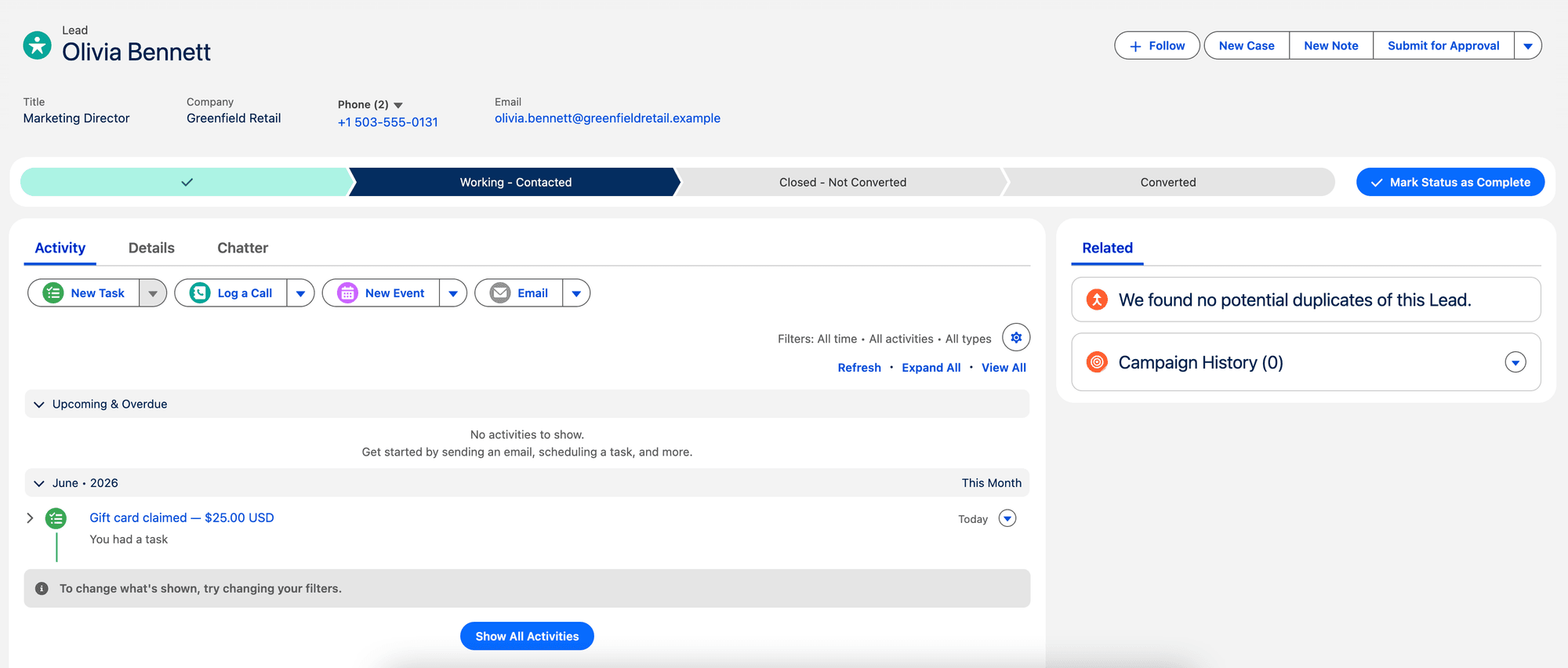 Salesforce lead record showing a Hoppier gift card claimed activity